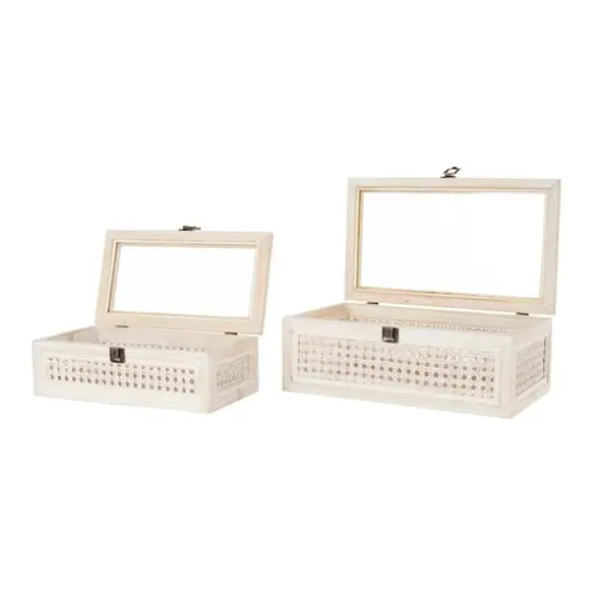 Cream Metal Handmade Woven Storage Box with Bronze Latches & Tempered Glass Tops Set {4}