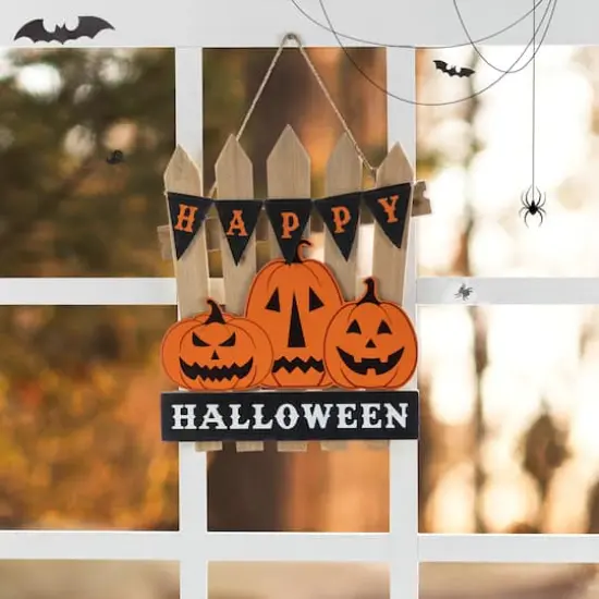 Glitzhome&reg; 14"H Halloween Wood Jack O Lantern Door Hanger {4}