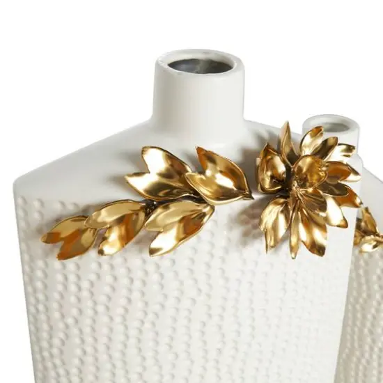 White & Gold Leaf Accent Ceramic Vase Set {7}