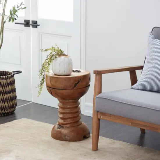 20" Brown Teak Wood Rustic Stool {9}