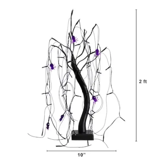 2ft. Pre-Lit Halloween Artificial Black Spooky Spider Willow Tree with 60 Orange & Purple LED Lights {3}