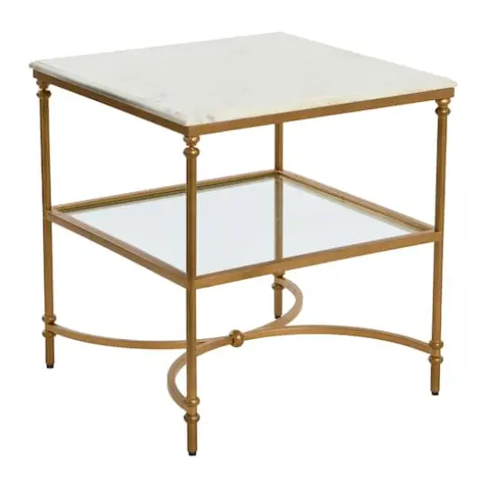 Hello Honey® 25" Libertine Genuine Marble and Metal End Table with Glass Storage Shelf Gold Finish {1}