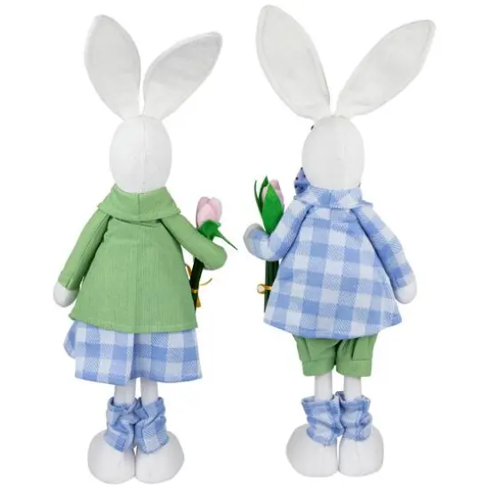 18.75" Bunny Couple in Matching Checkered Outfits Easter Figures Set {6}