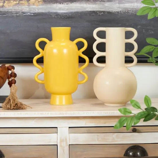 CosmoLiving by Cosmopolitan Geometric Wavy Handles Ceramic Vase Set Cream/Yellow {3}