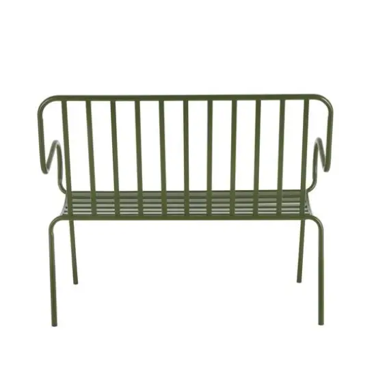 44.25" Green Metal Slatted Outdoor Bench with Curved Armrests {7}