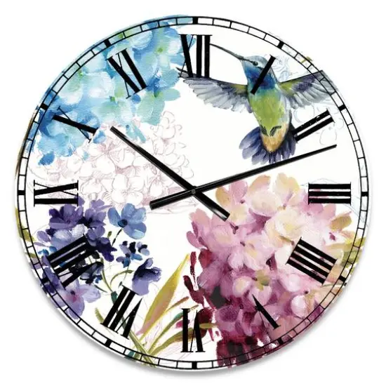 Designart 'Humming Bird Blue Cottage Flower Farmhouse Wall Clock {1}