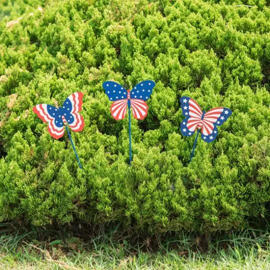 Glitzhome&reg; 24" Patriotic Butterfly Yard Stake Set {4}