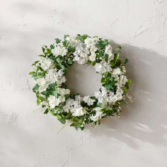 22" White Hydrangea & Ivy Leaf Wreath {3}