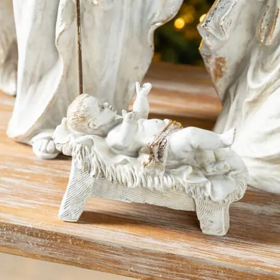 Glitzhome&reg; 5-Piece White & Gold Resin Holy Family with Christmas Trees Set {6}