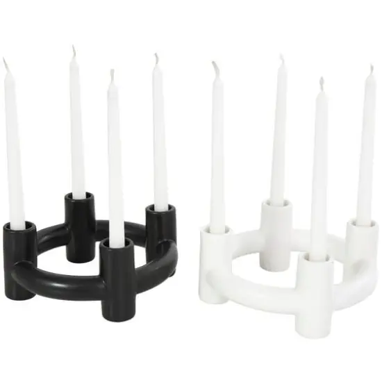 CosmoLiving by Cosmopolitan 8" Black & White Ceramic Geometric Circle Taper Candle Holder Set {7}