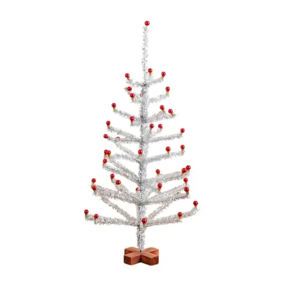 3ft. Artificial Retro Silver Tinsel Christmas Tree with 45 Red Mini Ornament Balls and Wooden Base {1}