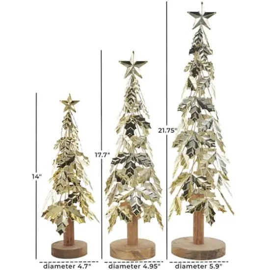Gold Metal Layered Holly Leaf Christmas Tree Sculpture Set {7}