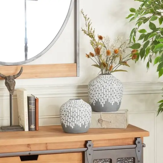 Set of 2 Grey Ceramic Modern Vases, 7" x 13" x 6" {8}