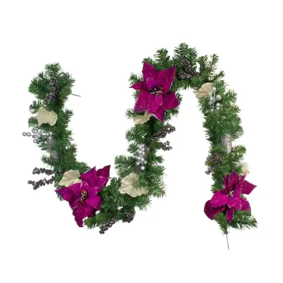 Two-Tone Pine with Purple Poinsettias Berries & Pine Cones Garland, Unlit {3}