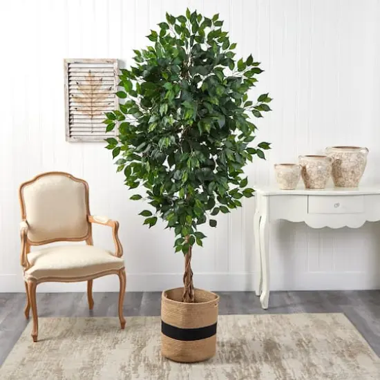 6ft. Ficus Artificial Tree with Natural Trunk in Handmade Natural Cotton Planter {4}