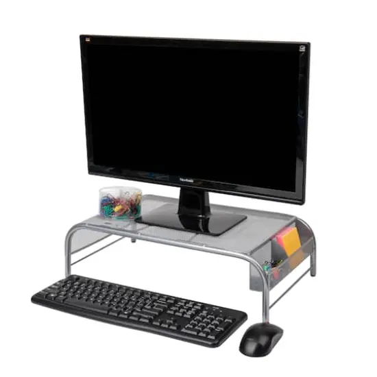 Mind Reader Silver Metal Mesh Monitor Stand with 2 Storage Compartments {8}