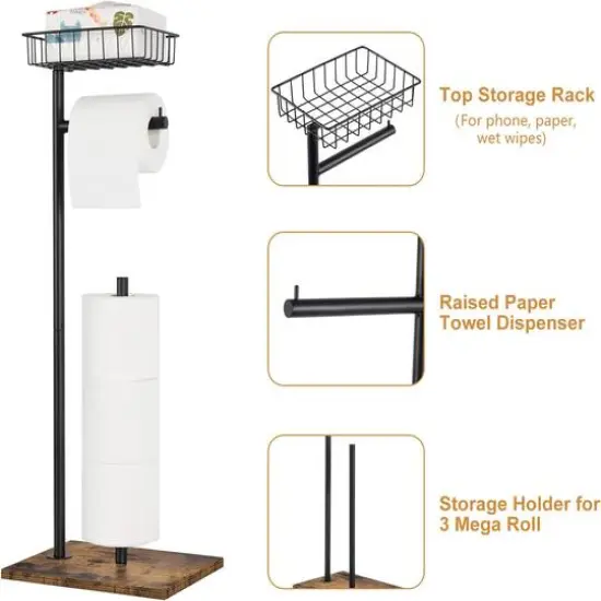 Black Freestanding Toilet Paper Holder Stand with Basket {7}