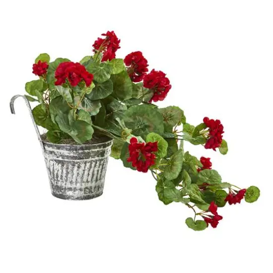 15" Red Geranium Artificial Plant in Vintage Hanging Planter {3}