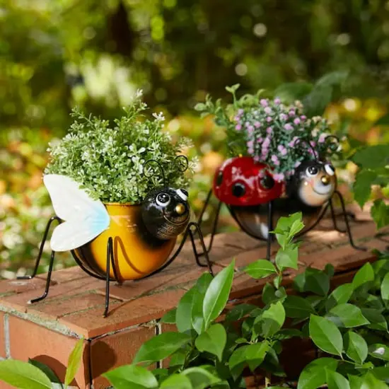 Glitzhome&reg; 10" Bee & Ladybug Metal Statue Planter Set {3}
