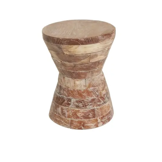 18.5" Brown Teak Wood Handmade Hourglass Accent Table with Stacked Wood Pieces {5}
