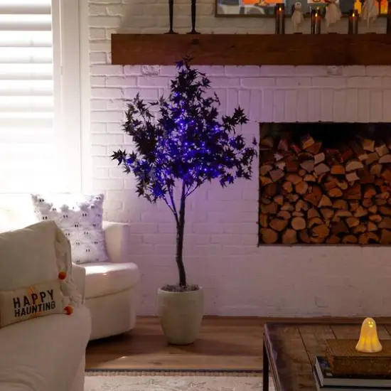 5ft. Pre-Lit Artificial Halloween Black Maple Tree with 240 Orange & Purple LED Lights {12}