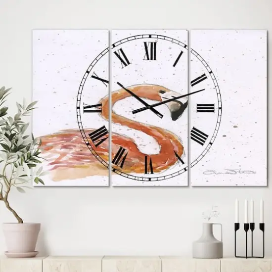 Designart Hand Painted Pink Flamingo Cottage 3 Panel Oversized Wall Clock {3}