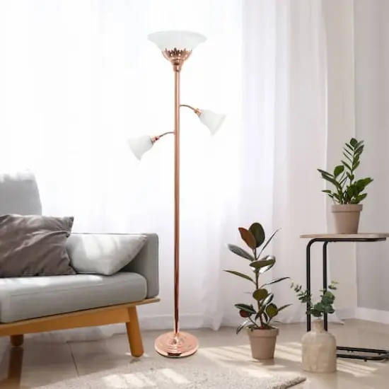 Lalia Home Torchiere Floor Lamp with 2 Reading Lights Rose Gold/White Shades {3}
