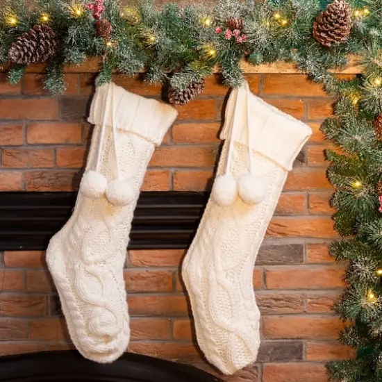 Glitzhome&reg; 24" White Knitted Polyester Christmas Stocking with Pom Pom, 2ct. {3}