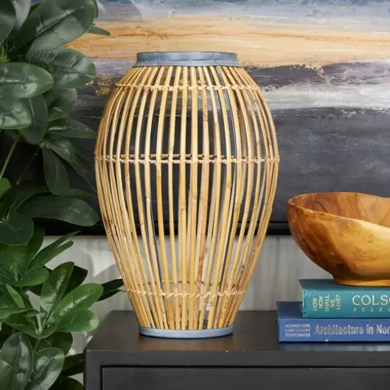 16" Brown Bamboo Handmade Open Frame Vase with Blue Metal Accents {10}