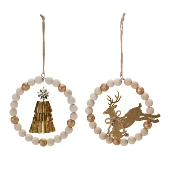 5.5" Beaded Wood Tree & Deer Ornaments Set {3}