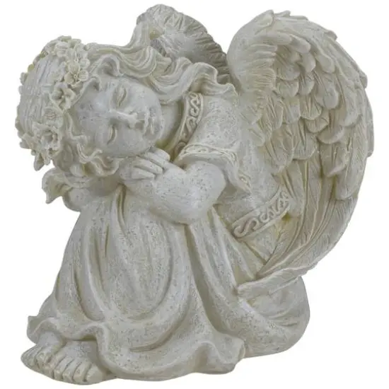 8.5" Ivory Resting Angel with Floral Crown Outdoor Garden Statue {4}