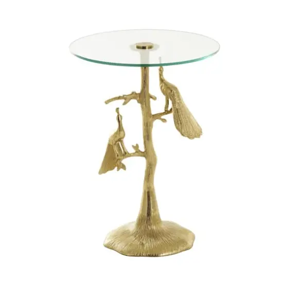 22.25" Gold Aluminum Peacock Textured Accent Table with Glass Tabletop {4}