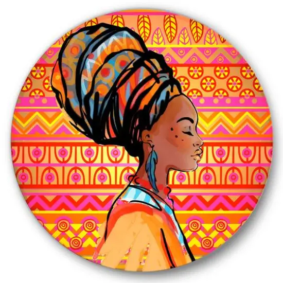 Designart - Portrait of Afro American Woman With Turban I - Modern Metal Circle Wall Art {1}