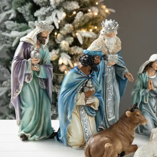 Glitzhome® Oversized Deluxe Blue Resin Nativity Figurine Set {4}