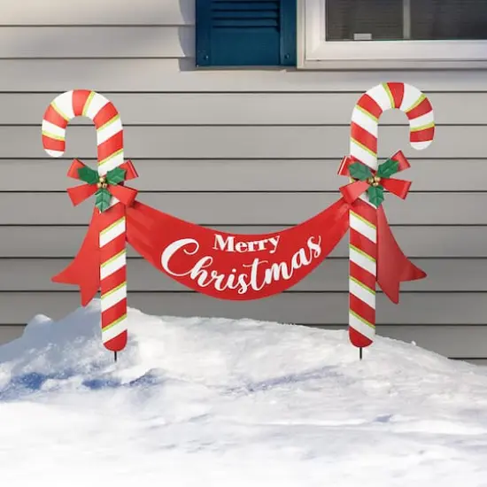 Glitzhome&reg; 3ft. Merry Christmas Candy Cane Metal Yard Stake {5}