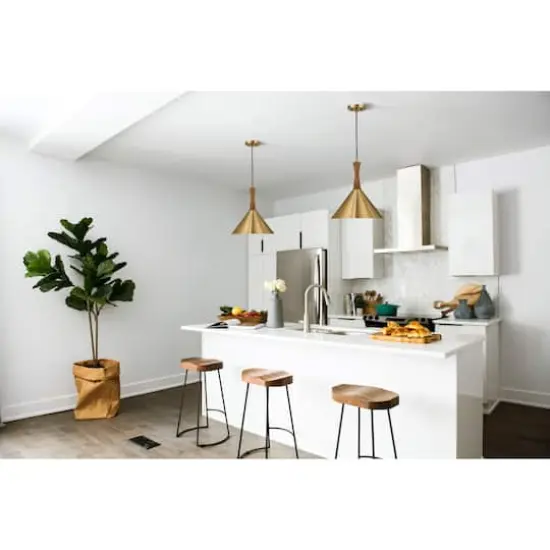 Hello Honey® Axel Brushed Gold Mid-Century Modern Metal & Natural Stained Wood Ceiling Light {3}
