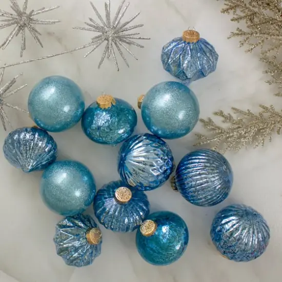 12ct. 3.75" Teal Blue 3-Finish Glass Ornaments {3}