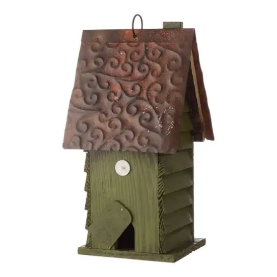 Glitzhome&reg; Tall Distressed Green Wood Bird House {9}