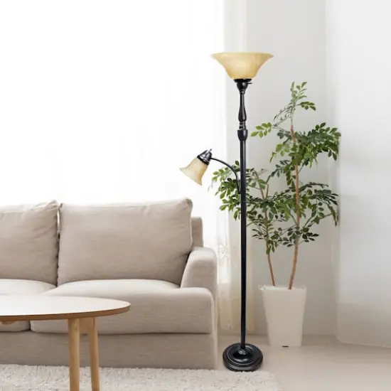 Lalia Home Torchiere Floor Lamp with Reading Light Restoration Bronze/Amber Shades {6}