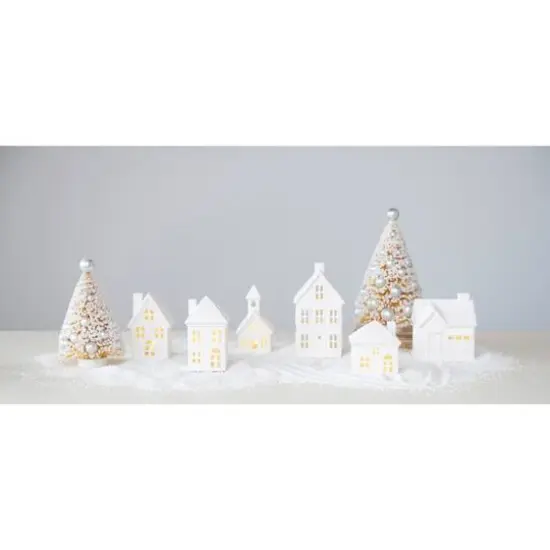 Hello Honey&reg; White LED Stoneware Bisque Houses Set {3}