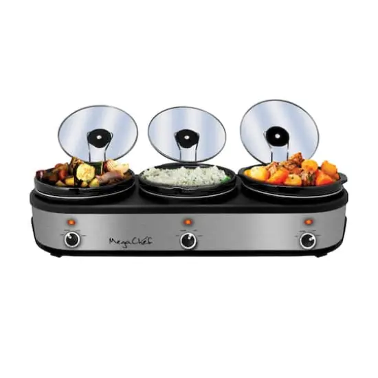 MegaChef Brushed Silver & Black Finish Triple 2.5qt. Slow Cooker & Buffet Server With 3 Ceramic Cooking Pots & Removable Lid Rests {1}