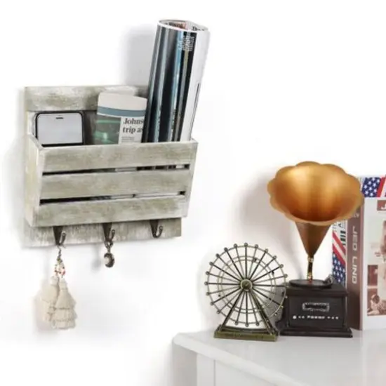 NEX&trade; 10" Weathered Green Wood Wall-Mounted Mail & Key Holder Organizer with 3 Key Hooks {5}