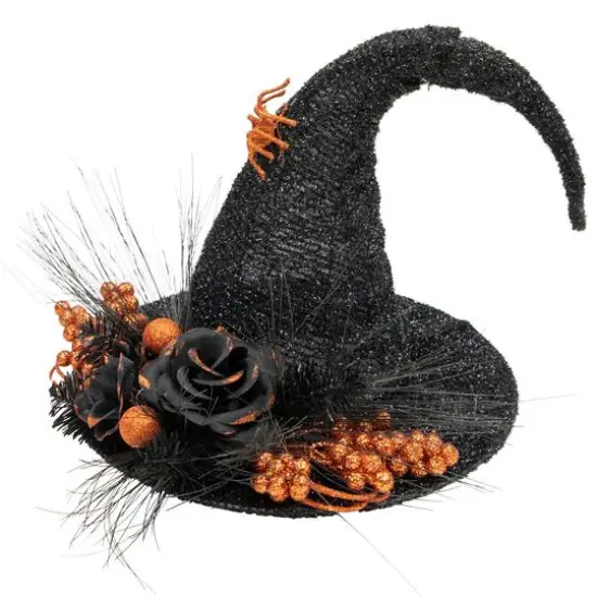 16" Black Tinsel Witch's Hat with Orange Glittered Roses Halloween Decoration {3}
