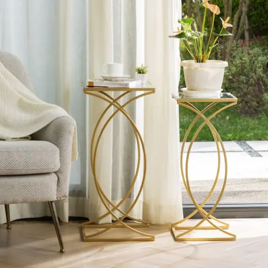 Glitzhome&reg; Metal Tall Accent Table with Glass Top Set Gold {3}
