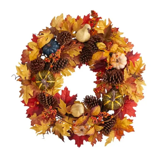 26" Fall Pumpkin, Gourd, Pinecone & Maple Leaf Wreath {1}