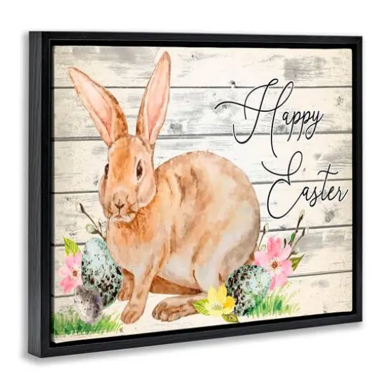 Stupell Industries Spring Floral Happy Easter Bunny Floater Framed Art Black {4}