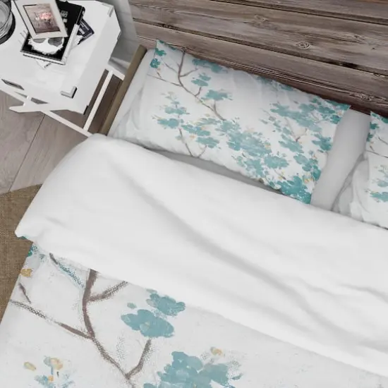 Designart 'Teal Cherry Blossoms II' Farmhouse Bedding Set - Duvet Cover & Shams {5}