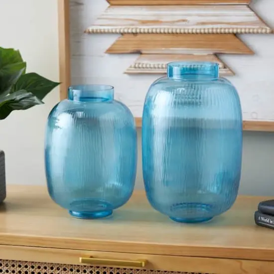 Blue Glass Ribbed Vase Set {3}