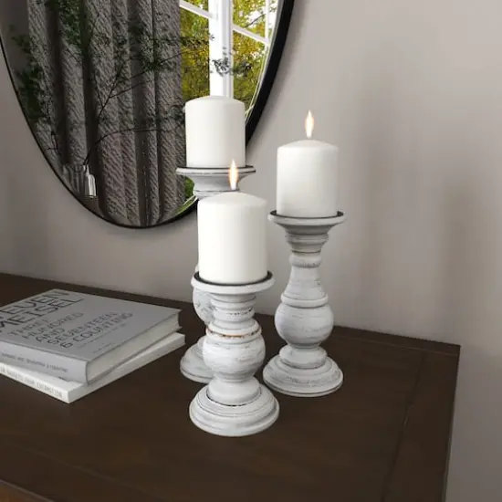 Mango Wood Traditional Candle Holder Set White {3}