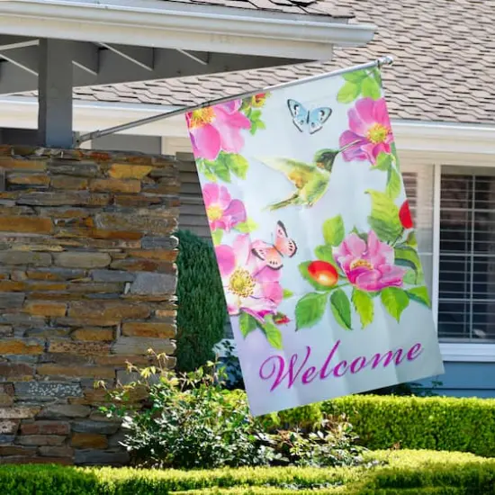 40" Pink & Blue Welcome Hummingbird Floral House Flag {4}